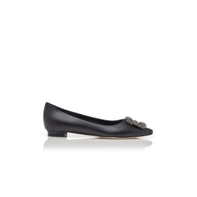 HANGISIFLAT | Black Calf Leather Jewel Buckle Flat Pumps
