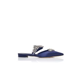 LURUMFLAT | Navy Blue Satin Crystal Embellished Flat Mules