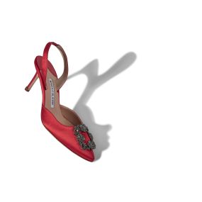 HANGISLI | Red Satin Jewel Buckle Slingback Pumps | Manolo Blahnik