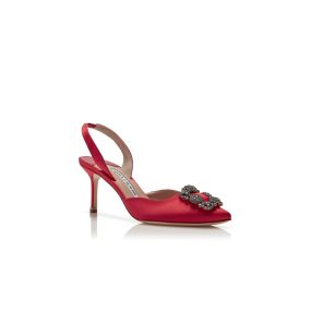 MANOLO BLAHNIK ハンギシ HANGISLI | Red Satin Jewel Buckle Slingback Pumps | Manolo