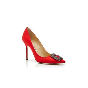 [MANOLO BLAHNIK] HANGISI RED サテンジュエルバックルパンプス HANGISI RED | Red Satin Jewel Buckle Pumps | Manolo Blahnik
