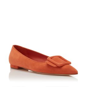 MAYSALEPUMPFLAT Orange Suede Buckle Detail Flat Pumps Manolo Blahnik