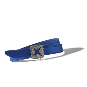 HANGISI BELT MINI | Blue Satin Crystal Buckled Belt | Manolo Blahnik