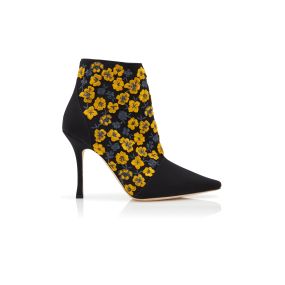 BOTIYE | Black and Yellow Silk Embroidered Ankle Boots