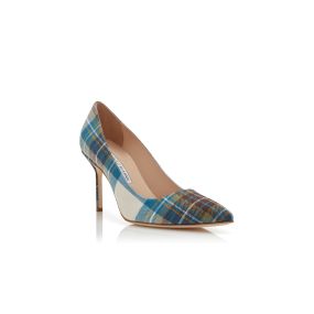 BB 90 | Blue Wool Tartan Pointed Toe Pumps | Manolo Blahnik