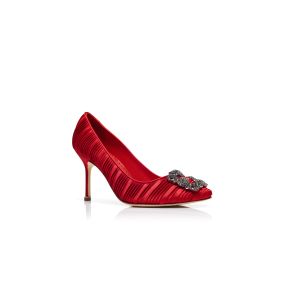 HANGISI 90 | Red Satin Jewel Buckle Pumps | Manolo Blahnik