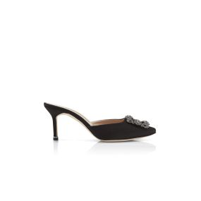 HANGISIMU | Black Satin Jewel Buckle Mules | Manolo Blahnik