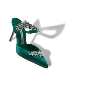 LURUM | Green Satin Crystal Embellished Mules | Manolo Blahnik