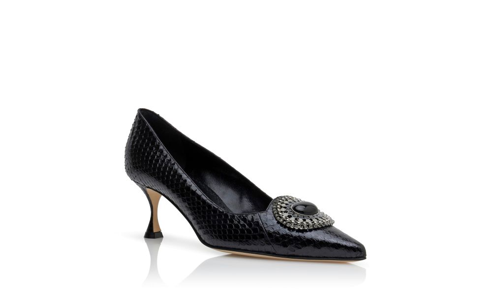 HANGISIFLAT | Black Calf Leather Jewel Buckle Flat Shoes | Manolo ...
