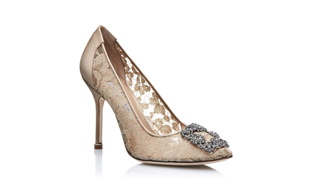 HANGISIMU | Light Beige Satin Jewel Buckle Mules | Manolo Blahnik