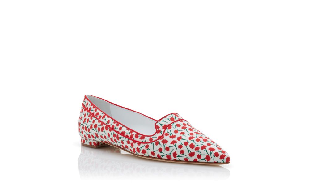 DORLEAC | Red Cotton Floral Pattern Pointed Toe Pumps | Manolo Blahnik