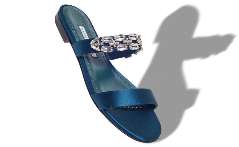 Sakotaflat, Navy Blue Satin Embellished Flat Sandals  - US$1,250.00 