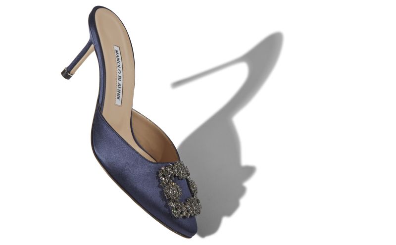 Hangisimu, Navy Blue Satin Jewel Buckle Mules - CA$1,425.00 