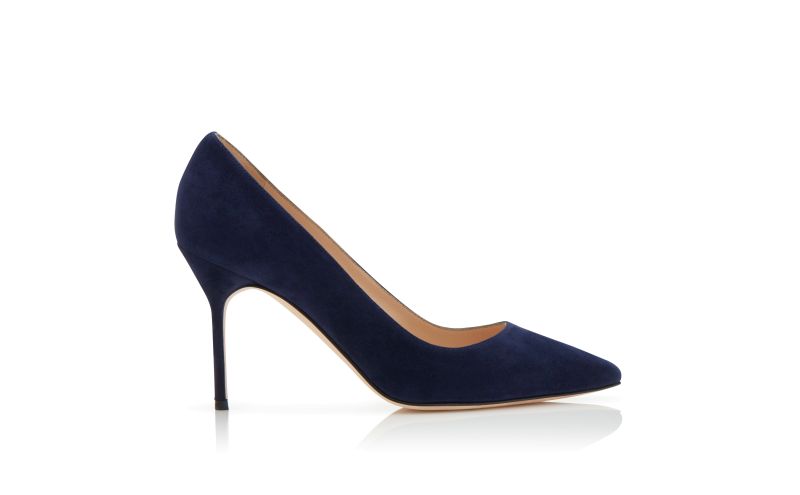 Side view of Bb 90, Navy Blue Suede Pointed Toe Pumps - US$725.00