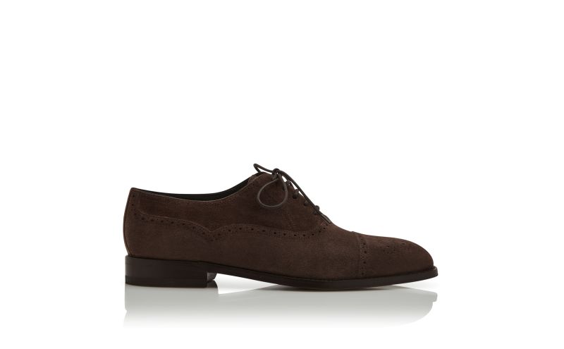 Side view of Witney, Dark Brown Suede Cap Toe Oxfords - €845.00
