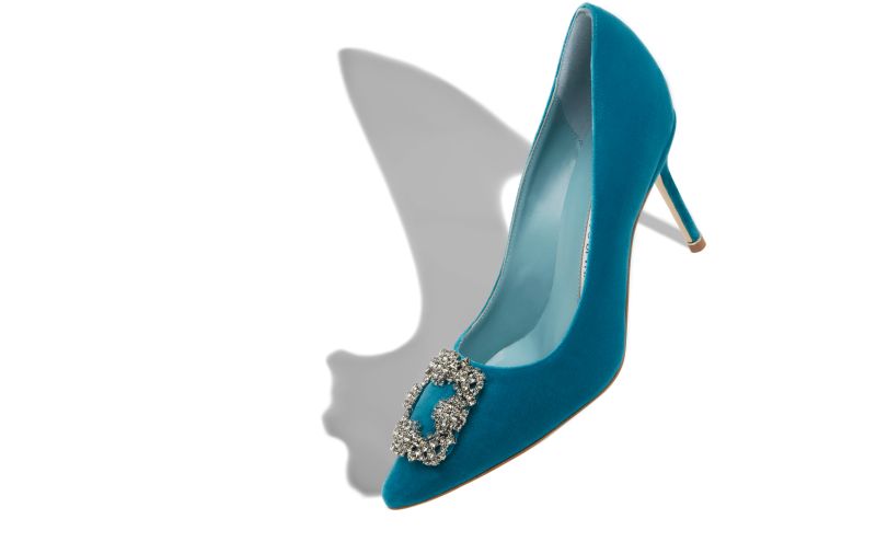 Designer Blue Velvet Jewel Buckle Pumps