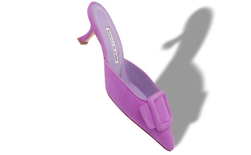 Maysale, Purple Suede Buckle Detail Mules - US$875.00 