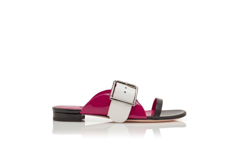 Side view of Tarkuspla, Black and Pink Patent Leather Flat Sandals - US$1,250.00