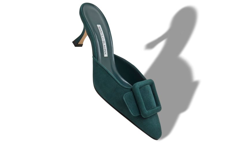 Maysale, Dark Green Suede Buckle Detail Mules - US$875.00 