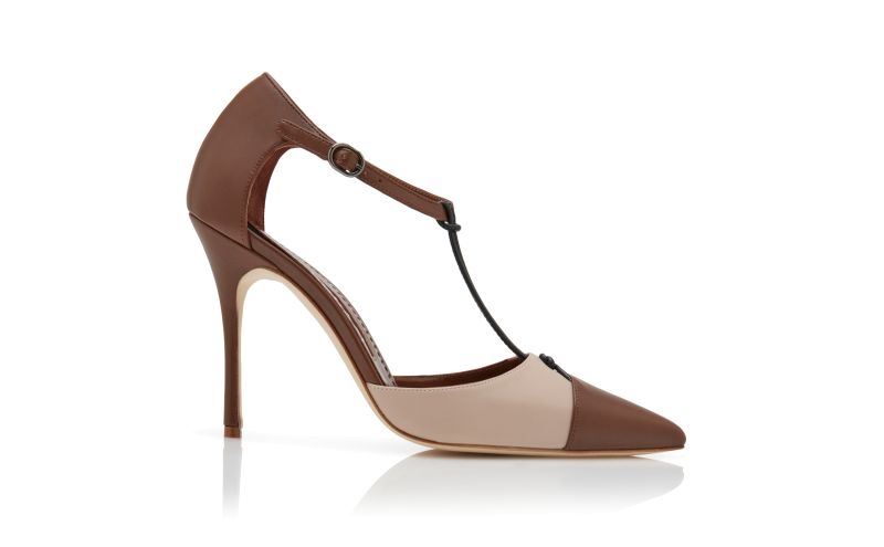 Side view of Assala, Brown and Beige Nappa Leather Ankle Strap Pumps - US$543.00