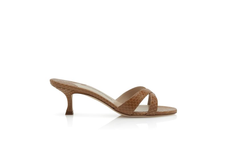 Side view of Callamu, Brown Snakeskin Open Toe Mules - US$875.00