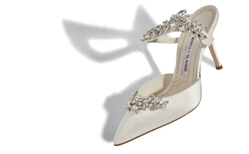 Designer White Satin Crystal Embellished Mules