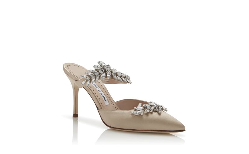 Lurum, Champagne Satin Crystal Embellished Mules - AU$2,425.00