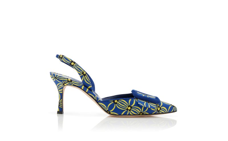 Side view of Mayslibi, Blue and Yellow Canvas Floral Slingback Pumps - £695.00