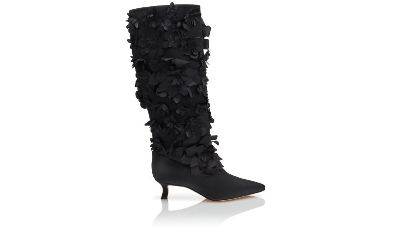 Side view of Solon, Black Crepe Satin Knee High Boots - CA$5,095.00