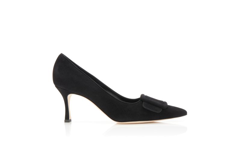 Side view of Designer Black Suede Buckle Detail Pumps