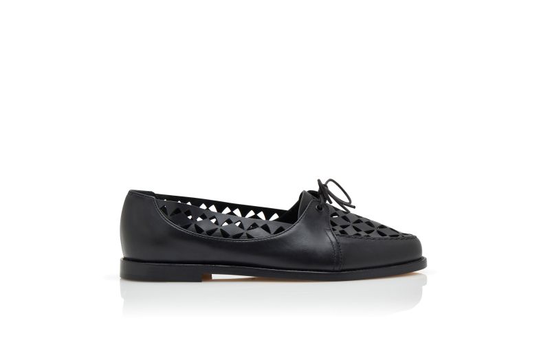 Side view of Designer Black Calf Leather Cut Out Loafers 