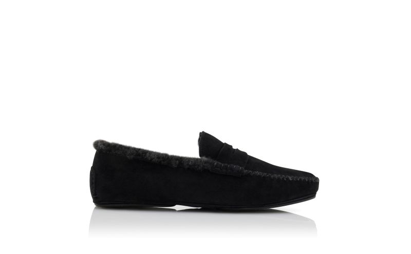 Side view of Kensington, Black Suede Shearling Lined Loafers - €675.00