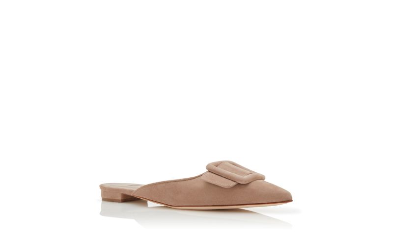 Maysaleflat, Beige Suede Buckle Detail Flat Mules - AU$1,245.00