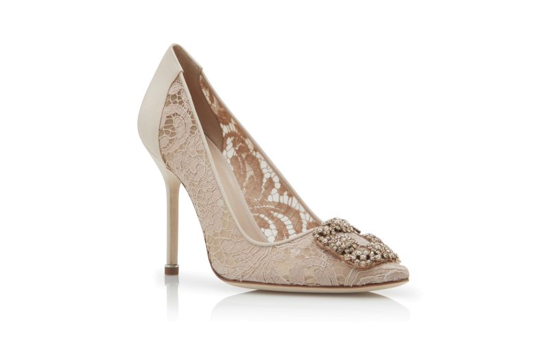 Hangisi lace, Pink Champagne Lace Jewel Buckle Pumps - US$1,275.00
