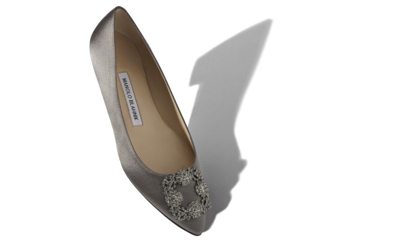 Hangisiflat, Grey Satin Jewel Buckle Flat Pumps - US$1,095.00 