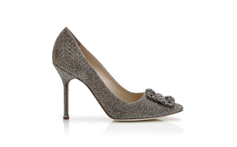 Side view of Hangisi, Gold Textile Jewel Buckle Pumps - €950.00