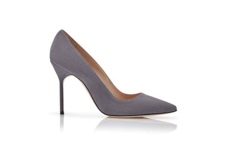 Side view of Designer Grey Suede Pointed Toe Pumps