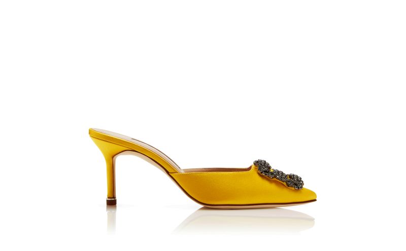 Side view of Designer Yellow Satin Jewel Buckle Mules