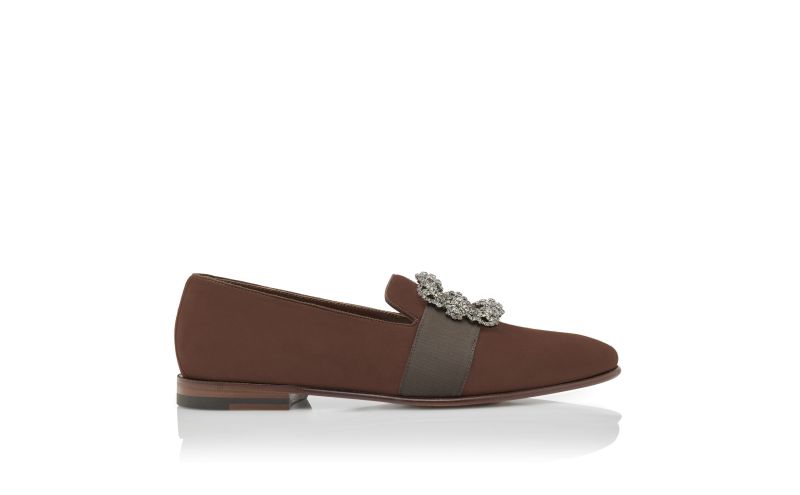 Side view of Carlton, Brown Suede Jewel Buckle Loafers - CA$1,555.00