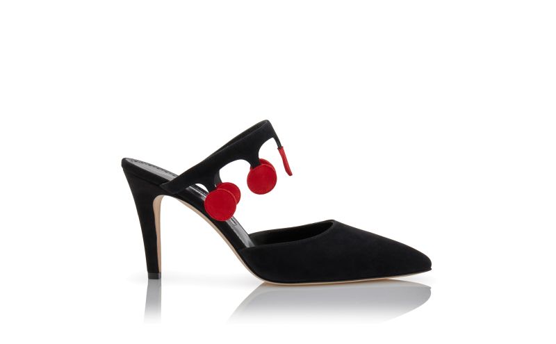Side view of Gelsominamu, Black and Red Suede Pom Pom Detail Mules - US$945.00