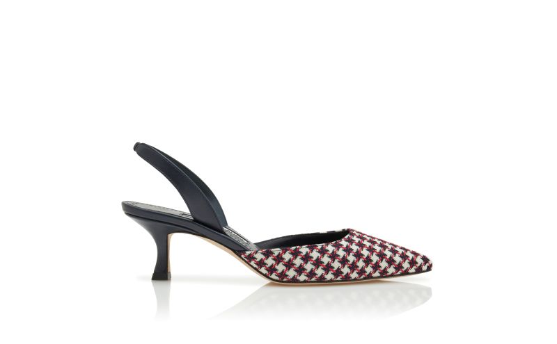 Side view of Carolyne, Navy Blue Wool Dogtooth Slingback Pumps - £745.00