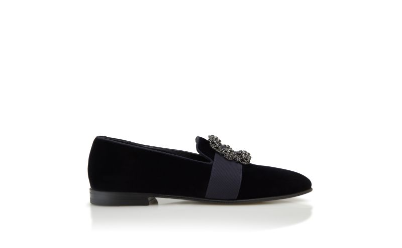 Side view of Carlton, Dark Blue Velvet Jewelled Buckle Loafers - €1,095.00