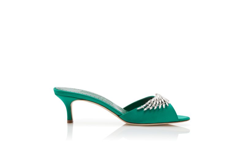 Side view of Lumada, Green Satin Jewel Embellished Mules  - £845.00