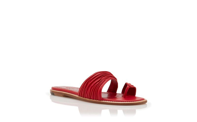 Designer Red Nappa Leather Gathered Flat Sandals 