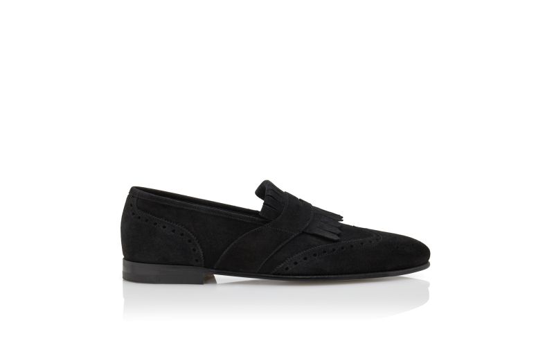 Side view of Agasio, Black Suede Kiltie Loafers - US$895.00