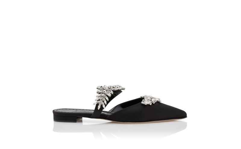 Side view of Lurumflat, Black Satin Crystal Embellished Flat Mules - £1,025.00