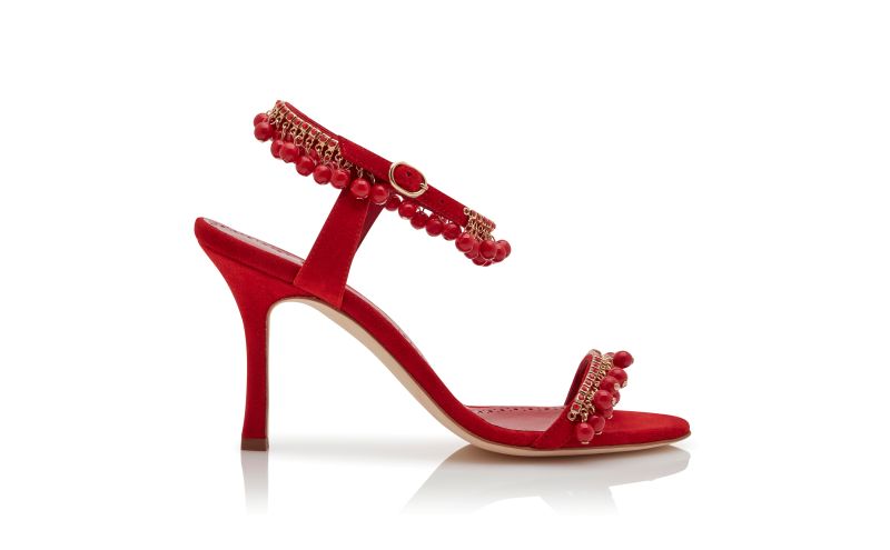 Side view of Ravellanu, Red Suede Jewel Embellished Sandals  - US$1,017.00