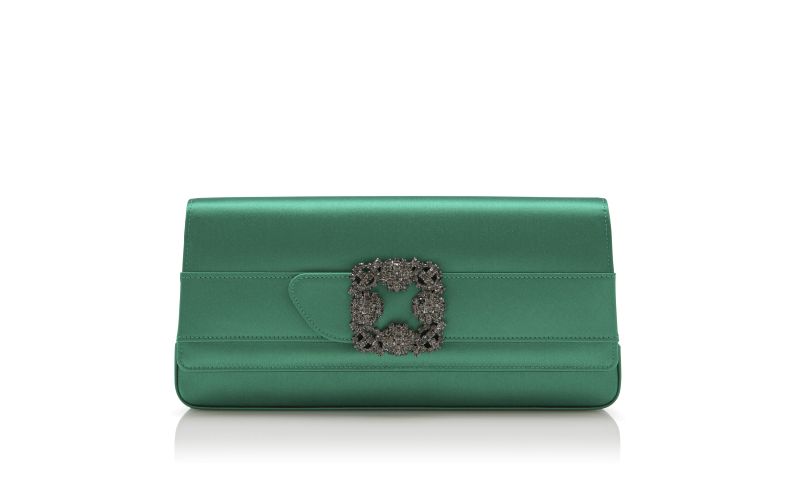 Side view of Gothisi, Bright Green Satin Jewel Buckle Clutch - £1,175.00