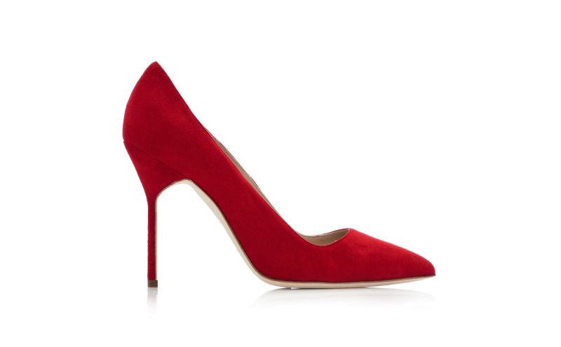 Side view of Designer Red Suede Pointed Toe Pumps