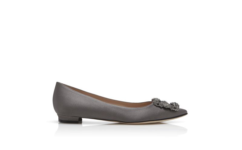 Side view of Hangisiflat, Grey Satin Jewel Buckle Flat Pumps - US$1,095.00